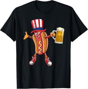 Funny Hot dog US Flag Hat Drinking Beer for 4th of July gift T-Shirt