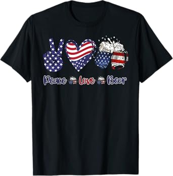 mb35 Peace Love Beer Lover American Flag 4th Of July T-Shirt