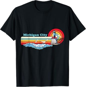 Michigan City Indiana Retro Beach Design with Lighthouse Men Women Girls Kids T-Shirt