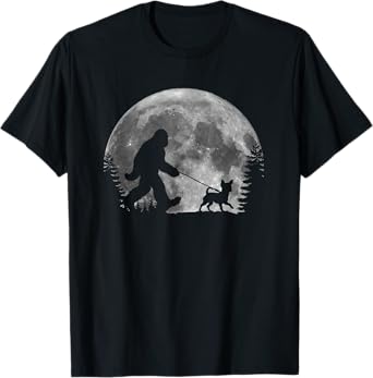 Bigfoot Walking a Dog Funny Chihuahua Lovers Moon Halloween Men Women Kids T-Shirt