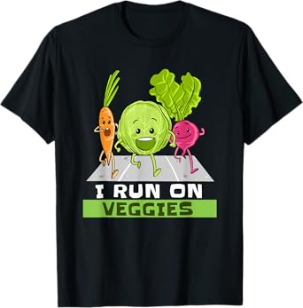 Kardemumias I Run On Veggies Funny Vegan T-Shirt - Men's Unisex Black Short Sleeve Classic Fit Cotton Polyester Blend Vegan Vegetarian Runner Gift T-Shirt - Small