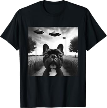 French Bulldog Funny Graphic Selfie with UFOs Weird Aliens T-Shirt