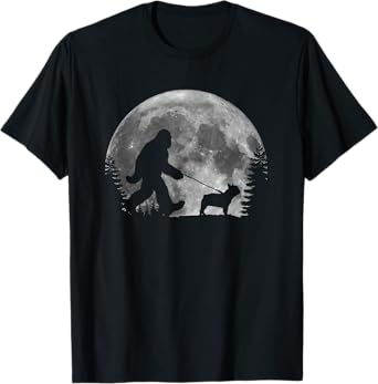 Bigfoot Walking a Dog Funny Frenchie Lovers Moon Halloween T-Shirt
