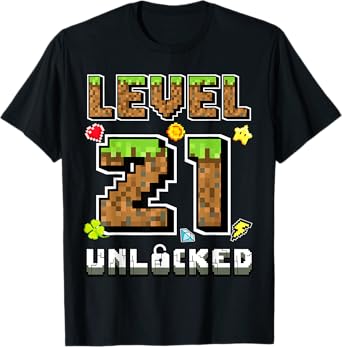 Level 21 Unlocked Birthday 21st Years Bday Gamer Pixel Men T-Shirt