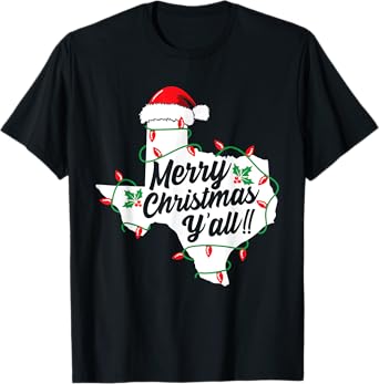 Funny Southern Humor Merry Christmas Y'All Texas Map Santa T-Shirt