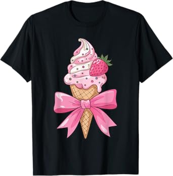 Funny Coquette Bow Ice Cream Cone Pink Ribbon strawberry mom T-Shirt