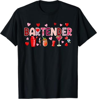 Bartender Tools Valentine's Day Leopard Job Team Cute Hearts T-Shirt
