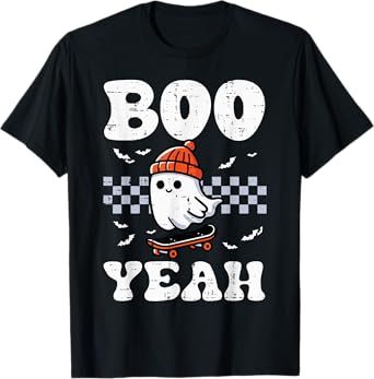Halloween Ghost Skateboard Boo Yeah Costume Boys Kids Men T-Shirt