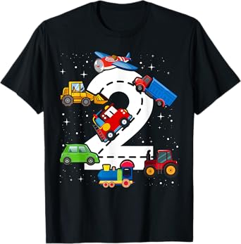 Kids 2nd Birthday Trucks Vehicles Transportation 2 Year Old T-Shirt
