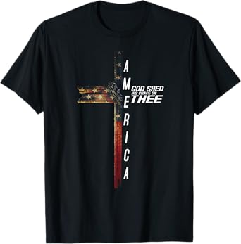 Cross With Flag USA America God Shed His Grace on Thee T-Shirt