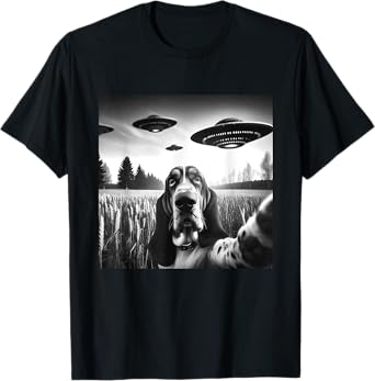 Basset Hound Funny Dog Graphic Selfie with UFOs Weird Aliens T-Shirt