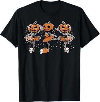 Ballet Ballerina Pumpkin Skeletons Halloween Women Girls T-Shirt