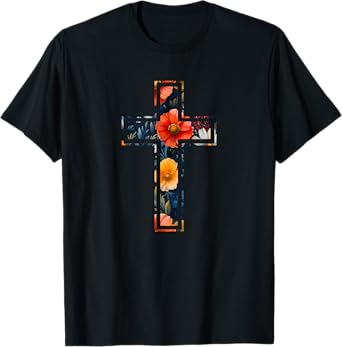 Elegant Silhouette Flowers Faith Floral Christian Cross T-Shirt