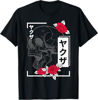 Vintage Japanese Emo Retro kanji Skull with Roses Japan art T-Shirt
