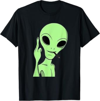 Martian Alien Smoking Blunt Flipping Middle Finger Art T-Shirt