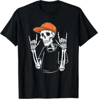 Cool Skeleton Rocking Orange Hat Funny Halloween Skull Art T-Shirt