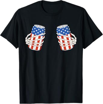 Beer Can Skeleton Hand Funny 4th of July AmeriCan Patriotic Women Men T-Shirt
