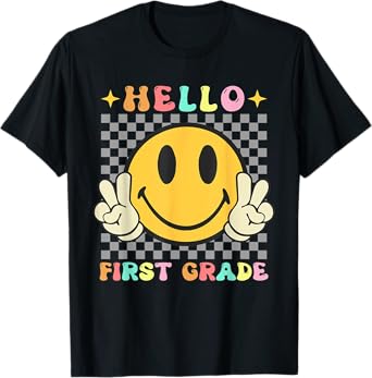 Retro Groovy 1st Grade Back to School Hello First Grade T-Shirt