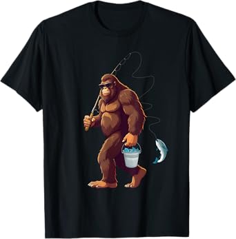 Bigfoot Fishing Funny Retro Sasquatch Fisherman Dad Men Kids T-Shirt