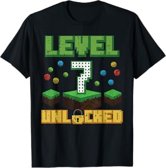 Level 7 Unlocked Pixel Gamer 7th Birthday Gaming Boys Kids T-Shirt