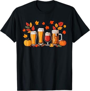 Beer Glasses Collection Thanksgiving Fall Leaves Drinker T-Shirt