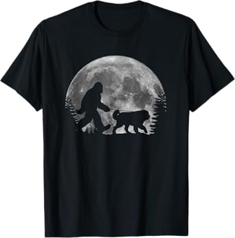 Bigfoot Walking a Dog Funny St. Bernard Lover Moon Halloween T-Shirt for Men Women Kids