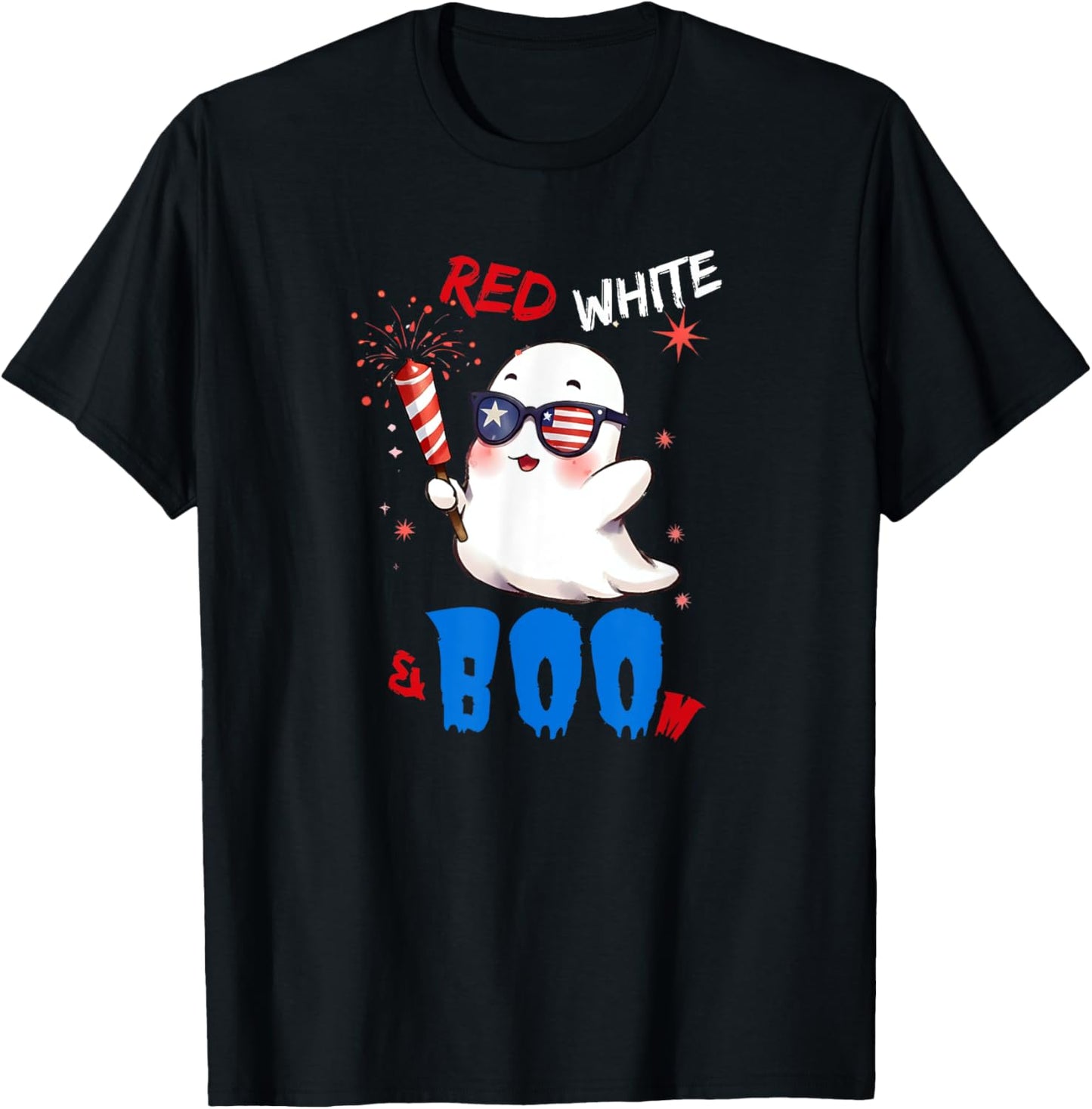 Cute 4th Of July Ghost With A Firecracker Red, White, & Boom T-shirt