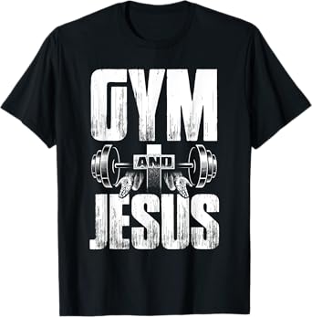 Fitness Fanatic By Pemissa Religious Workout Gym Jesus Barbell Lifting Weights Black Modern Letter Print T-Shirt