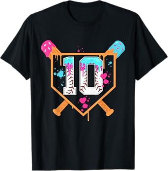 Baseball 10th Birthday Ice Cream Drip 10 Year Old Bday Boy T-Shirt