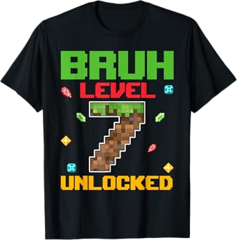 Birthday Boy Bruh Level 7 Unlocked 7 Years Old Gamer Pixel T-Shirt