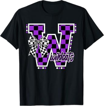 Wildcats Checkered Letter Purple Wildcat Pride School Spirit T-Shirt