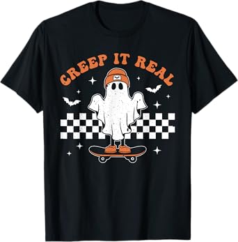 Creep it Real Ghost Skateboard Retro Cute Halloween Boy Girl T-Shirt