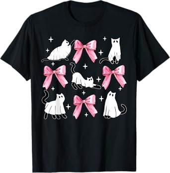 Ghost Cat Boo Costume Cute Pink Bow Coquette Kitty Halloween T-Shirt for Men Women Kids