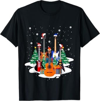 Guitar Santa Hat Christmas Tree Funny Music Loves Xmas Gifts T-Shirt