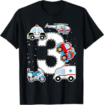 Emergency Vehicles 3rd Birthday Fire Truck Police Car Boys T-Shirt