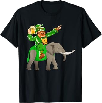 St. Patrick's Day Man Riding Elephant Funny Drinking Beer T-Shirt