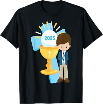 Brunette Boy First Communion 2025 Cross Chalice Rosary Blue T-Shirt