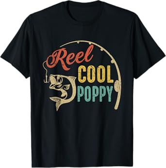 Mens Funny Fathers Day Vintage Fishing Reel Cool Poppy T-Shirt