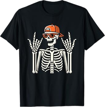 Rocker Skeleton With Cap, Halloween, Men, Rock Hand, Skater T-Shirt