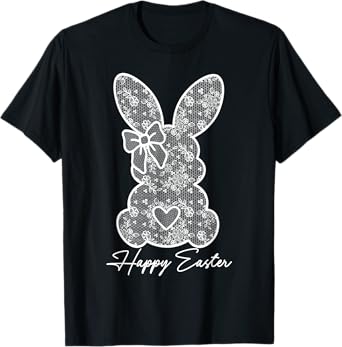 White Lace Bunny Coquette Bow Happy Easter Women Girl T-Shirt