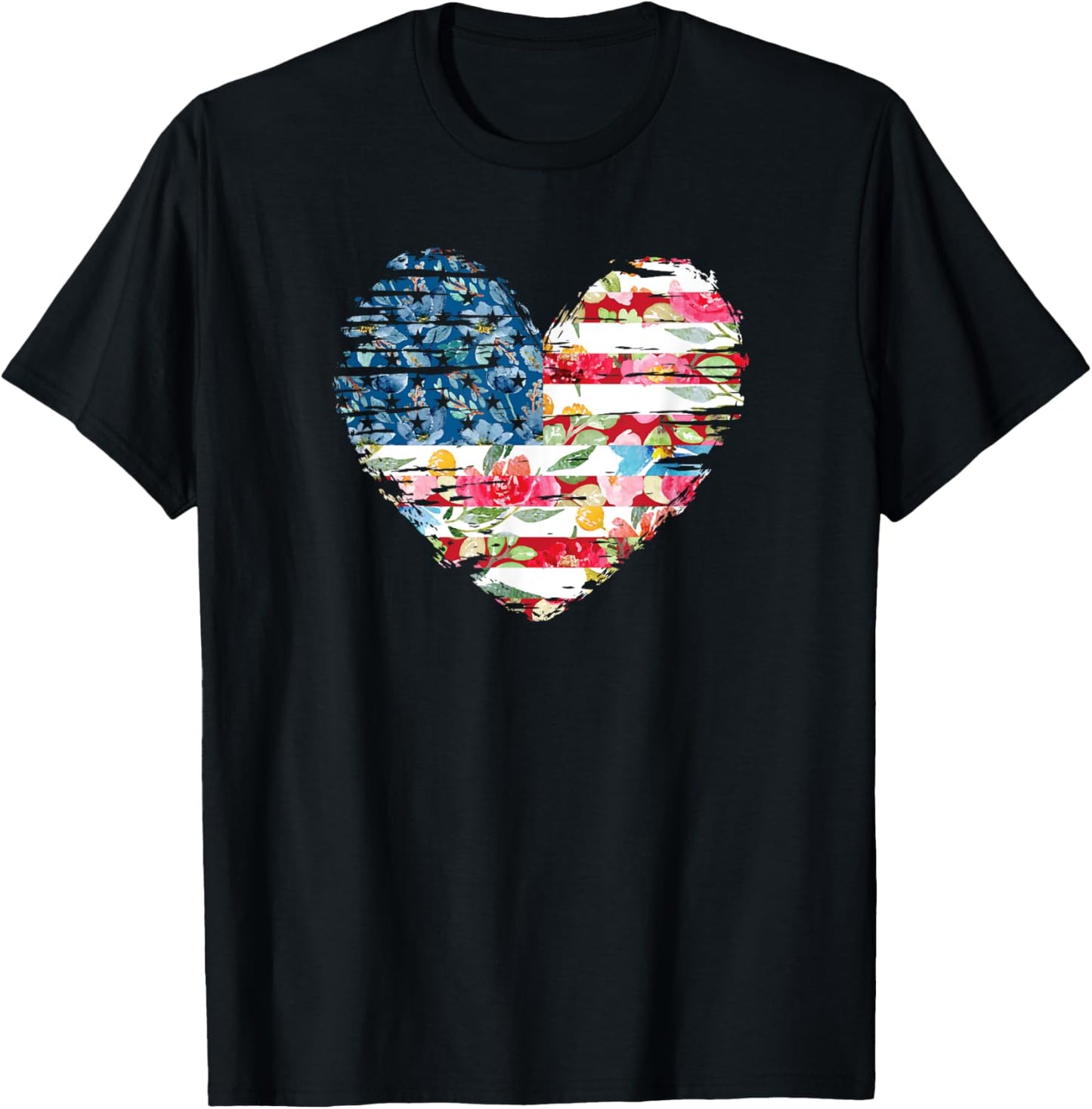 Womens 4th of July American Flag Floral Heart Gift T-Shirt