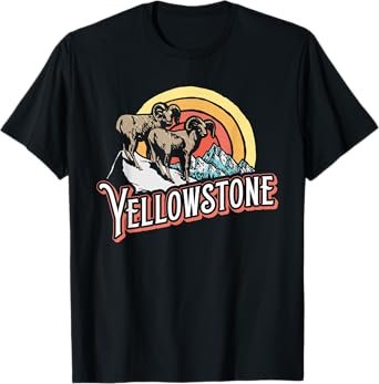 Vintage Big Horned Sheep Yellowstone Sun & Mountain Graphic T-Shirt