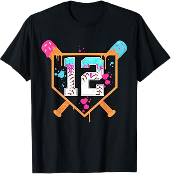 Baseball 12th Birthday Boy Ice Cream Drip 12 Year Old Bday T-Shirt