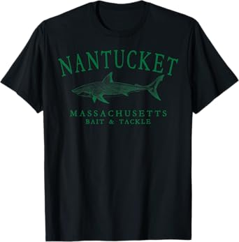 Nantucket Massachusetts Shark Retro Arched Green Letters T-Shirt