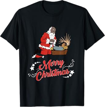 Dark Skin Santa Kneeling And Praying At The Feet Of Jesus T-Shirt