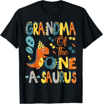 Dinosaur T-Rex 1St Birthday Matching Family Grandma Of The One-A-Saurus 1St Birthday Dinosaur Party Unisex-Adults, Unisex-Kids Black Short Sleeve T-Shirt