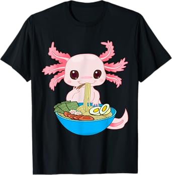 Kawaii Axolotl Eating Ramen Noodles Anime Kids Girls Teens T-Shirt