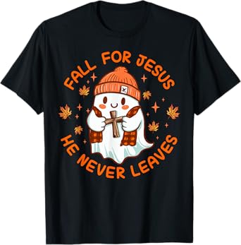 Fall For Jesus He Never Leave Cute Ghost Retro Halloween T-Shirt