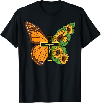 Butterfly Sunflower Cross Faith God Jesus Christian Women T-Shirt