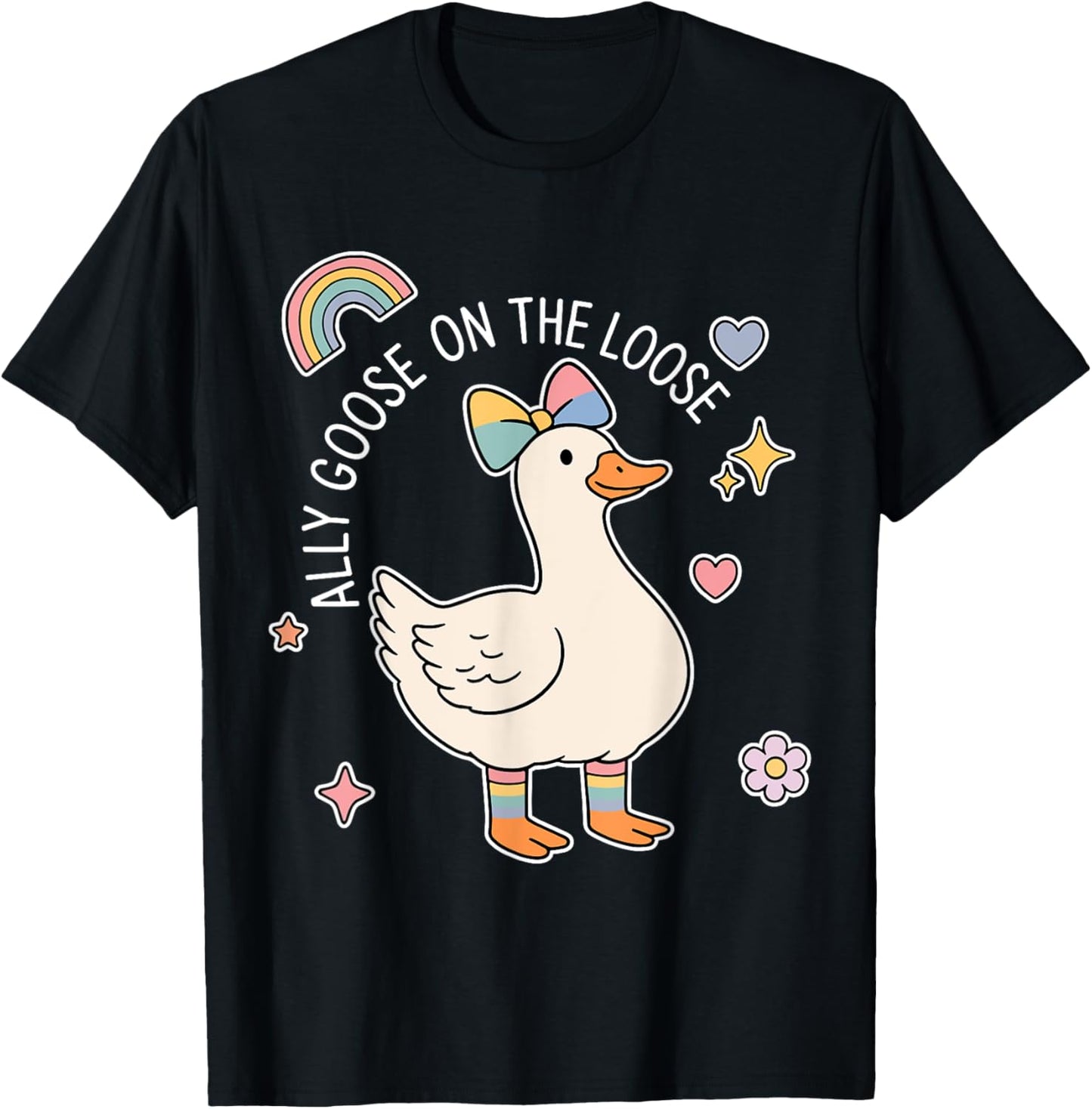 Cute Ally Goose On The Loose Rainbow Coquette Bow Goose LGBT T-Shirt